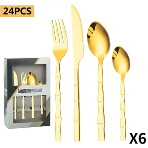 Cuchara GEMEI, cuchillo y tenedor, estilo bambú, cubiertos de Metal, superventas, juego de cubiertos de acero inoxidable dorado de <span class=keywords><strong>24</strong></span> <span class=keywords><strong>piezas</strong></span> - Product Image 1