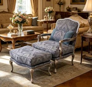 Luxury French Paisley Armchair & Ottoman Set, Upholstered Living Room Accent Chair with Silver <b>Frame</b> - Product Image 6