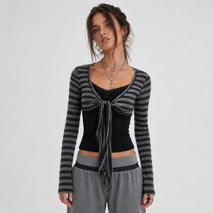 Trendy Y2K Streetwear Slim Fit Knitted 2Pcs Set Lace Trim Cami <b>Top</b> + Long Sleeve <b>Crop</b> <b>Top</b> for Women Casual Party Outfit - Product Image 1