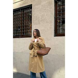 Manteau long en trench-coat camel pour femme, coupe-vent, tissé, manches longues, style décontracté, automne - Product Image 1