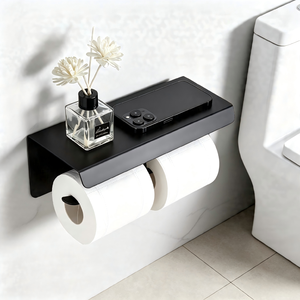 Duvara Monte Edilen Çift Rulolu Tuvalet Kağıdı Tutucu, Telefon Raflı, Delme Gerektirmeyen Paslanmaz Çelik Banyo Kağıt Havlu Askısı - Product Image 4