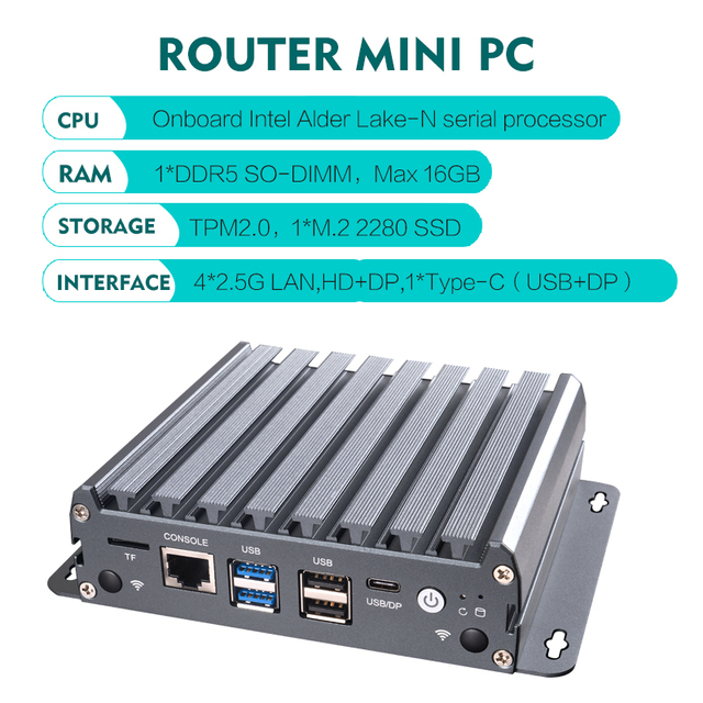 Firewall Mini PC 4 LAN Port N150 N100 N305 1*DDR5 16GB Ram 512GB SSD 1*COM 4*USB X86 Industrial Router Pfsense Mini PC