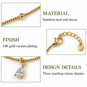 Bracelet à breloques en zircon en forme de larme, en acier inoxydable, plaqué or 14 carats sous vide, options de couleurs or et argent - Product Image 2
