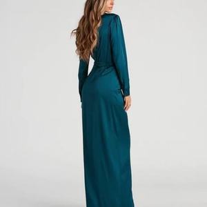 Vestido de Noche Sexy para Fiesta, Escote en V Profundo, Cinturón, Cuello Vuelto, Manga Larga Elástica de Satén, Vestidos Modestos Fruncidos para Mujer - Product Image 4