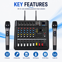 AOFO Mixeur audio professionnel 6 canaux 400W avec amplificateur intégré, USB, deux microphones sans fil pour sonorisation de scène KTV
