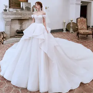 Vestido de noiva super lindo, vestido de noiva de ombro, manga curta, brilhante, com miçangas, 2021