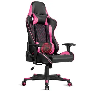 Silla de juego giratoria cómoda de masaje ergonómico de cuero PU negro y morado barata con reposapiés y soporte Lumbar