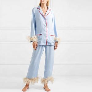 Moda cómoda manga larga cintura elástica pluma strimmed cielo azul pijama conjuntos mujer ropa de dormir - Product Image 3