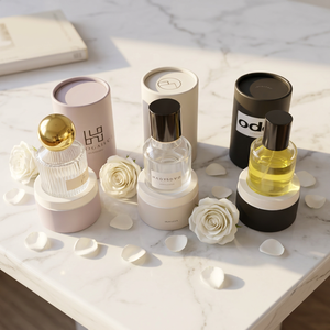 Boîte cylindrique en papier rigide de luxe pour flacon de parfum, emballage en carton recyclé pour la vente au détail de marques de parfums - Product Image 1