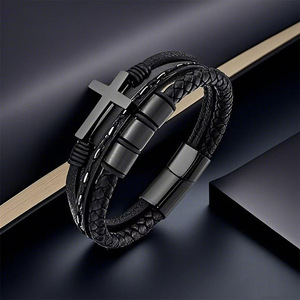 Cross <b>Leather</b> <b>Bracelet</b> Men's Black Braided Genuine <b>Leather</b> With Cross Pendant Everyday Wear Jewelry YM-0016 - Product Image 3