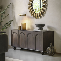 Buffet rétro à 4 portes en bois massif cintrées, finition noyer, meuble de rangement pour salon