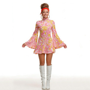 Conjunto de Disfraz Hippie de los 70 para Mujer, Vestido Mini con Mangas Campana, Estampado en Espiral Rosa y Amarillo, para Festival de Música o Espectáculo - Product Image 1