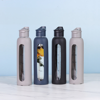 Botol air kaca borosilikat 1000ml dengan sarung silikon, botol air kaca bebas BPA dengan pegangan dan sedotan