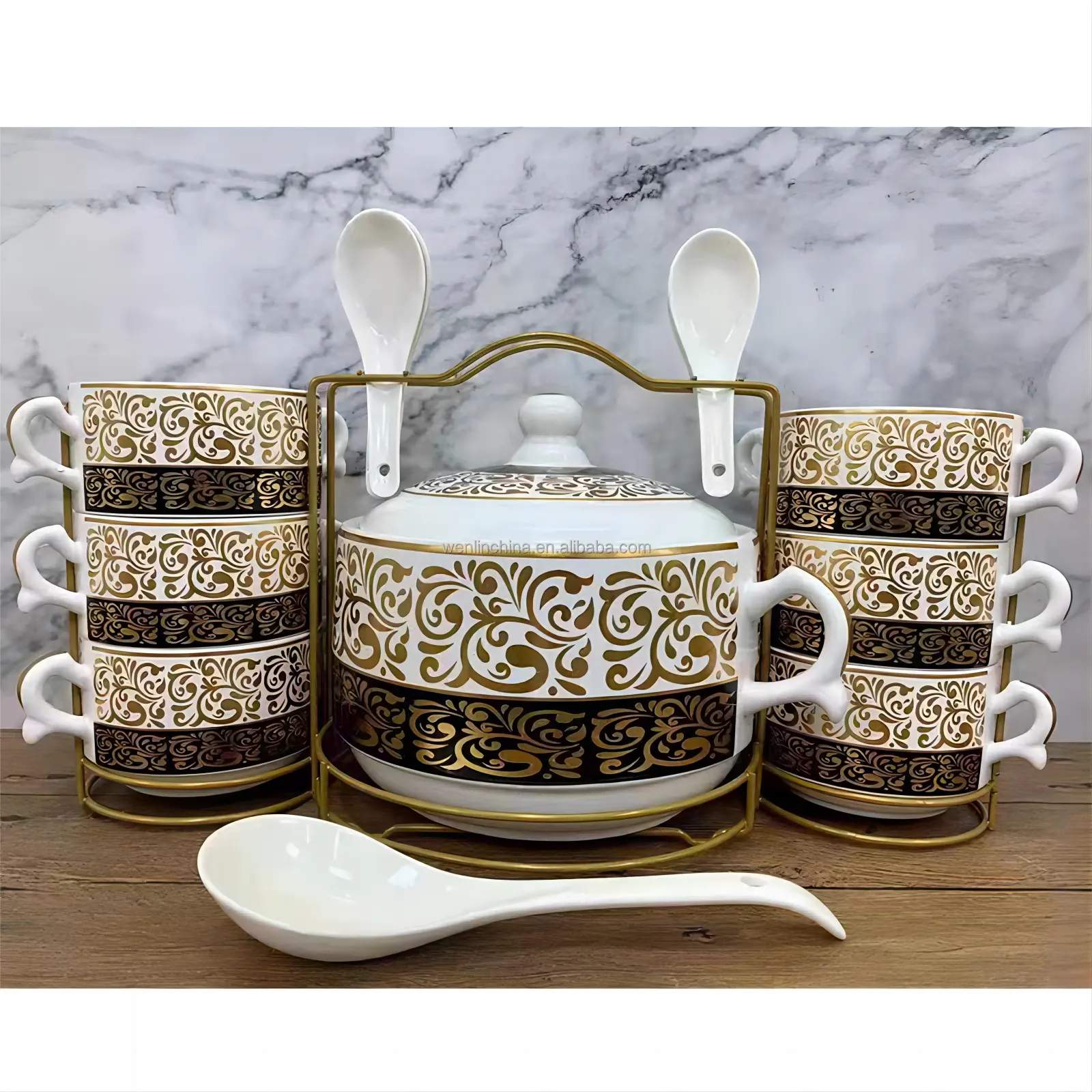 Morocco middle east style SOUP DINNER set 16pcs tureen pot with soup bowl & big spoon high white quality porcelain ODM/OEM