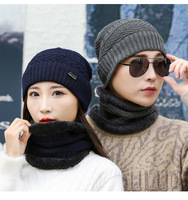 Conjunto de gorro y bufanda de invierno de lana cálida para hombres y mujeres, gorro de punto para montar en esquí al aire libre, conjunto de bufanda para el cuello