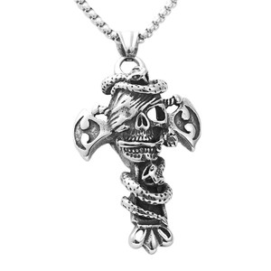 Men's Tibetan <b>Silver</b> Cross Skull Pendant With <b>Snake</b> Design Fashion Necklace 19096 - Product Image 5