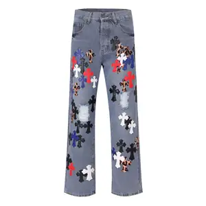 American high street cuir patchwork déchiré pantalon en denim personnalisé jeans en denim homme jeans homme jeans homme