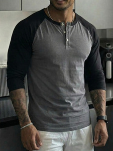 <strong>Men</strong> Raglan Long-Sleeve <strong>Henley</strong> <strong>T</strong>-<strong>Shirt</strong> Crew Neck Button Placket Casual Loose Fit Baseball Tee Custom Logo 100% Cotton 220g Blank - Product Image 3