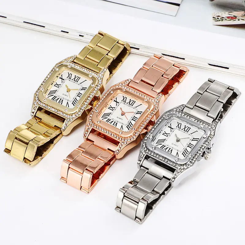 2024 Rome Scale personality square dial diamond-encrusted steel belt women's watch manufacturers wholesale