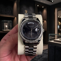 Montre de plongée sport analogique pour homme 41 mm avec logo, date, pierres, bracelet en cuir noir et acier inoxydable, mouvement SEIKO