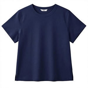 T-shirt en tricot pour femme, bleu marine, col rond, manches courtes, coupe ample, séchage rapide, couleur unie, toutes saisons - Product Image 1