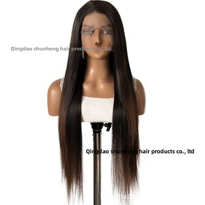Peluca europea americana para mujer, rubia degradada, larga y lisa, con encaje frontal, hecha a mano, de fibra química, con línea de cabello natural alta - Product Image 5