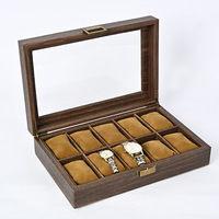 Boîte de rangement pour montres en bois brun à 10 emplacements, fenêtre en verre transparent, coussin en daim PU, couvercle rabattable, organisateur, emballage cadeau personnalisé avec logo