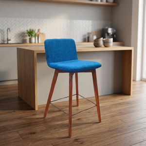 Modern Blue Rattan Bar <b>Stool</b> with Fixed Armrest <b>Wooden</b> Legs and Metal Base for Home Bar Use - Product Image 3