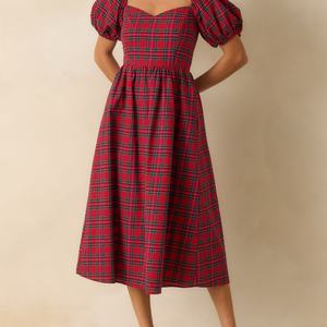 Vestido Midi de Verano para Mujer, Personalizable, con Volantes, Elegante, de Algodón a Cuadros, Cuello Cuadrado, Casual, Corte en A, Mangas Abullonadas - Product Image 2