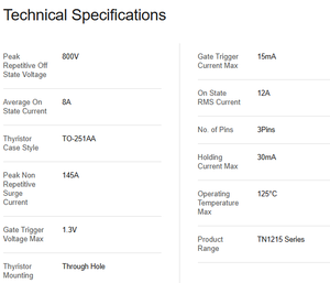 TN1215-800H 3-Pin 8A 125C Max Temp <b>Discrete</b> <b>Semiconductor</b> Amplification Integrated Circuit Chip - Product Image 6