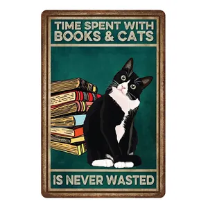 Vintage Metal Tin Sign Black Cat Time Spent with Books Cats Is Never Wasted Home Wall Decor Cat Lover Gift 8X12inch
