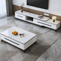 Meuble TV et Table Basse Modernes de Luxe en Marbre et Bois, Rétractables avec Rangement, Design Flottant en Pierre pour Salon