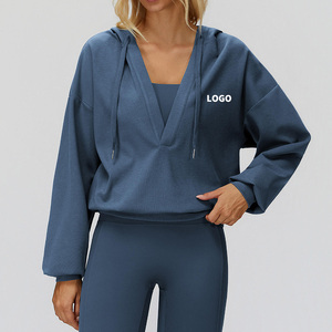 Sweat à capuche respirant pour femme, bleu <span class=keywords><strong>ardoise</strong></span>, délavé à l'acide, anti-rétrécissement, col en V minimaliste, pour service OEM de logo personnalisé - Product Image 1