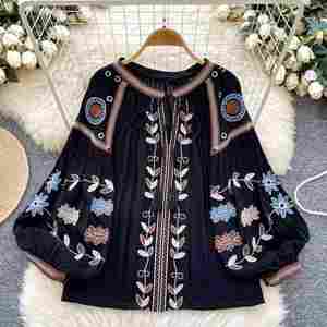 Blouses décontractées à manches longues et col rond pour femme, chemises brodées à manches lanternes, hauts décontractés pour femme, vente en gros - Product Image 3