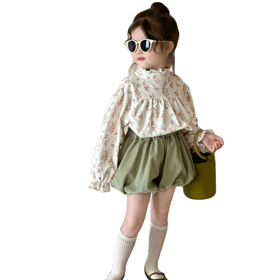 Shuoyang Children Crew Neck Shirt Cropped For Girls The Korean Version Of The Corduroy Stand Collar Mid-length Swing French