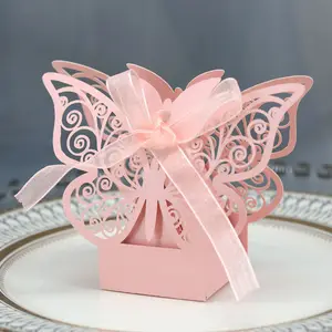 Kupu-kupu Natal Potongan Laser Berongga Kotak Permen Pernikahan Makanan Biskuit Kemasan Kertas Pembungkus Tas Hadiah dengan Pita