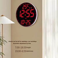 Stille RGB ronde digitale LED-wandklok met automatische helderheidsregeling, afstandsbediening, temperatuur, datum en groot display voor woondecoratie