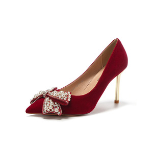 8777H-017 Pointed Toe Stiletto <b>Heel</b> <b>Red</b> Velvet Bow Wedding Shoes Elegant High <b>Heel</b> Slip-On Formal Occasion - Product Image 5