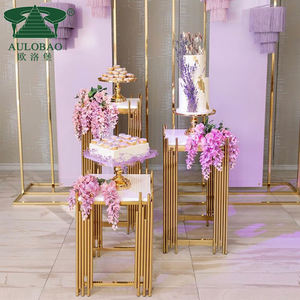 Décoration de mariage, support à gâteau de mariage carré moderne en acier inoxydable doré, ensemble de socles - Product Image 4