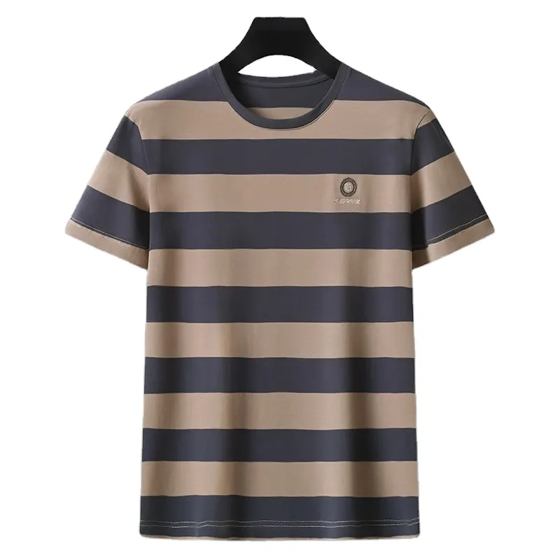 Men's Vintage Short-Sleeved Striped T-Shirt 95% Cotton Oversized with Long Logo Print Polyester & Spandex Cheap Price"