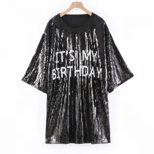 Personalizado é meu aniversário Sequin Shirt Sparkle T Shirt Dress Para Mulheres