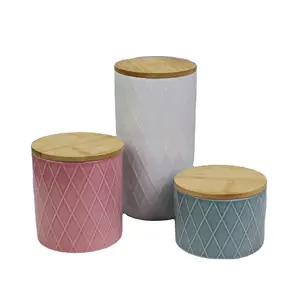 Grosir porselen tabung wadah-Keramik Tabung Set Kopi Teh Gula Penyimpanan Makanan dengan Tutup Bambu Porselen Jar Wadah, Hadiah untuk Wanita round Set 3