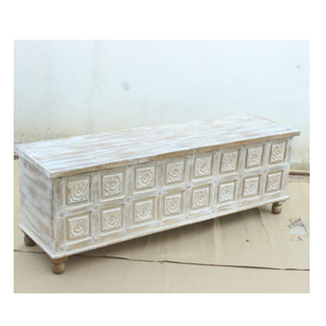 Tronco de almacenamiento artesanal de granja, madera de mango macizo con diseño tallado, contenedor de caja rectangular con acabado desgastado blanco - Product Image 2