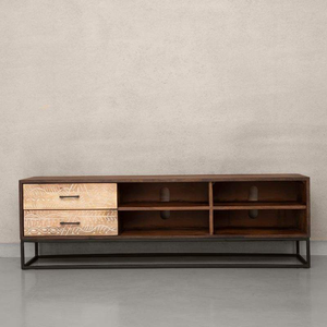 Mueble para TV de madera maciza estilo moderno con detalles tallados a mano y almacenamiento de varias secciones para sala de estar - Product Image 6