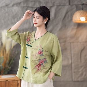 Chinese Style Embroidered Linen Blouse Women's Summer Loose Fit Tea Dress With Chinese Knot Buttons Off White Red Pink Purple - Product Image 3