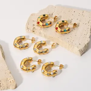 Unique hammer pattern with zircon pearl C-shaped earring 18K gold Stainless steel earrings