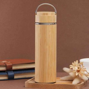 Bamboo Stainless Steel Vacuum Flask With Lid Minimalist Design Travel Water Bottle <b>Double</b> <b>Wall</b> Insulated 24H Heat Retention - Product Image 1