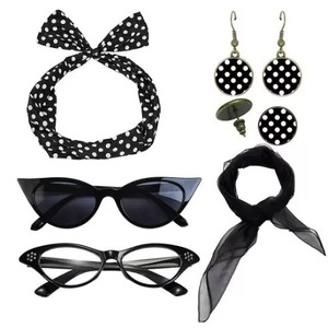 Accessoires de costume <span class=keywords><strong>pour</strong></span> femmes des années 1950 - Écharpe en mousseline des années 50, Lunettes œil-de-chat, Bandeau foulard, Boucles d'oreilles à pois - Product Image 1