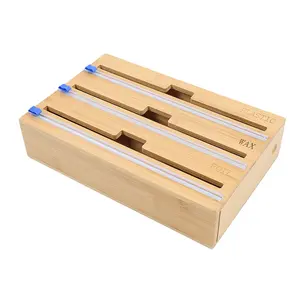 Dispensador de envoltório de bambu 3 em 1, dispensador com cortador, organizador para folha e plástico