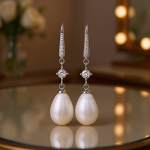 Boucles d'oreilles pendantes en or blanc Crystal Roma, perle de culture 18 carats, goutte d'eau AAA, bijoux classiques pour femmes, pour mariage - Product Image 2